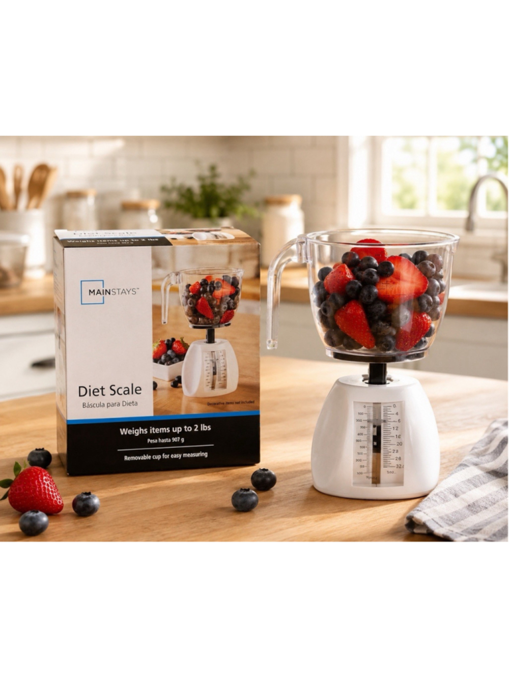 MainStays Diet Scale IN BOX Weighs Up To 2 lbs Removable Measuring Cup for Food